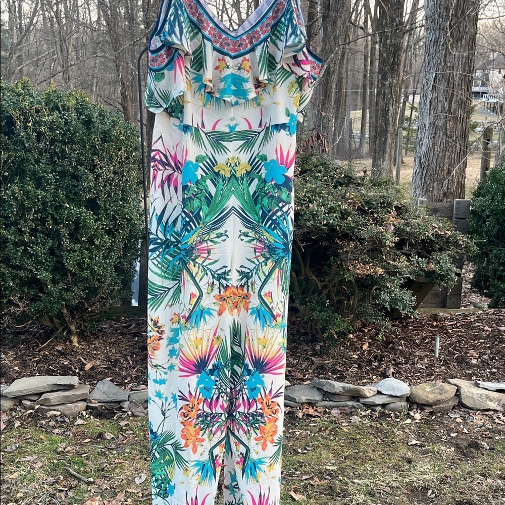 Flying Tomato Tropical Floral Ruffle Jumpsuit in Teal, Pink, Green - Picture 4 of 5